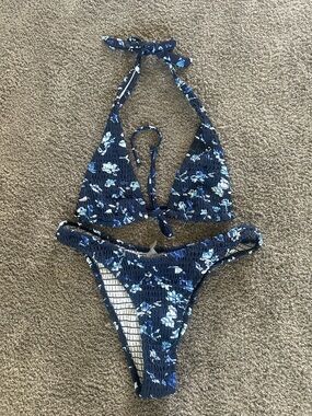 SHEIN Navy Blue Floral Smocked Triangle Bikini
